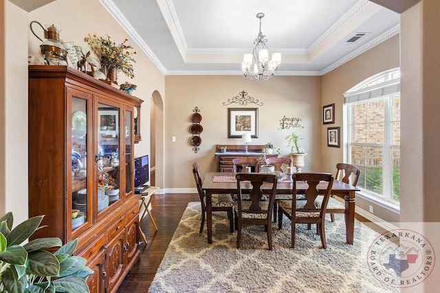 9891 County Rd 2422, Royse City, TX 75189 - dining room featuring crown molding, dark hardwood / wood-style flooring, a chandelier, and a raised ceiling
