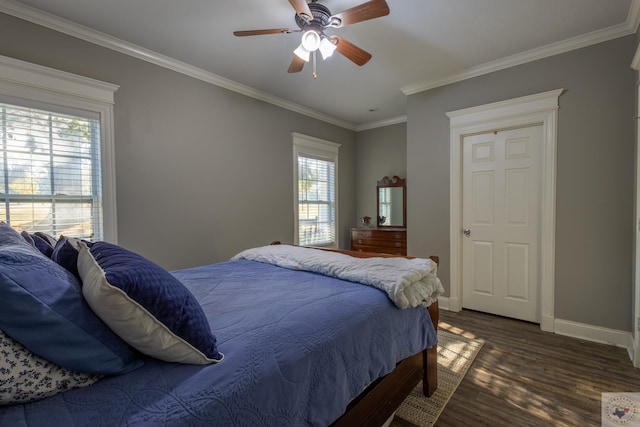 bedroom with dark hardwood / wood-style floors, ceiling fan, and ornamental molding