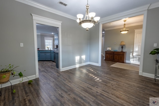 unfurnished dining area with dark hardwood / wood-style flooring and ornamental molding