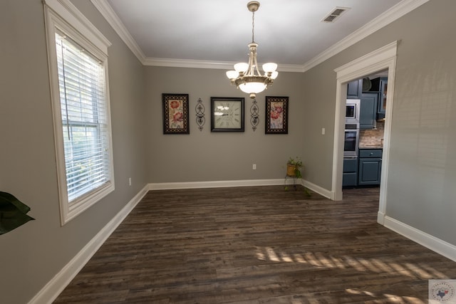 unfurnished dining area featuring crown molding, a notable chandelier, and dark hardwood / wood-style flooring