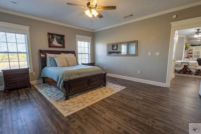 bedroom featuring ceiling fan, crown molding, dark hardwood / wood-style flooring, and multiple windows