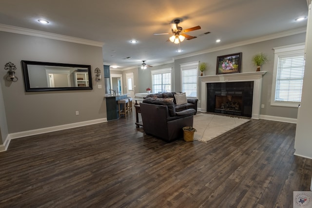 living room with crown molding, dark wood-type flooring, a fireplace, and ceiling fan