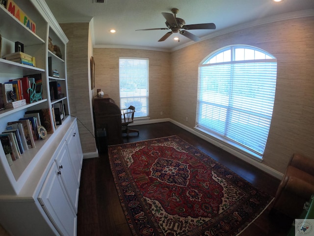 office space with ceiling fan, dark hardwood / wood-style flooring, and crown molding