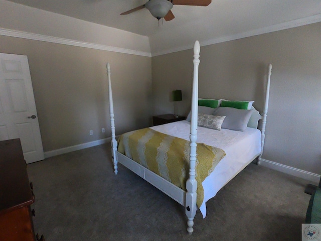 carpeted bedroom with ceiling fan and crown molding