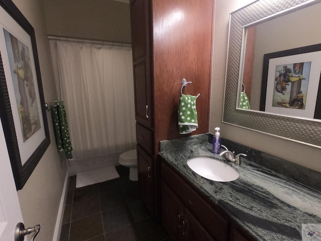 bathroom with toilet, vanity, a shower with shower curtain, and tile patterned flooring