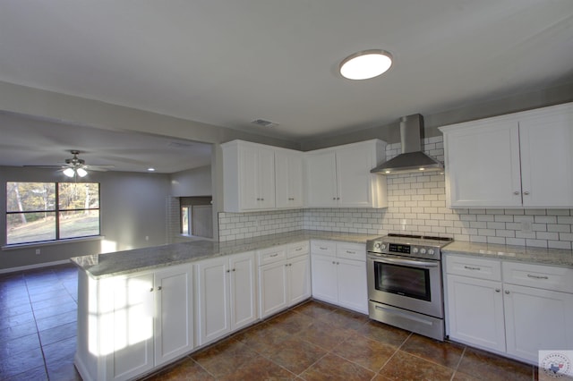 kitchen with white cabinets, wall chimney exhaust hood, decorative backsplash, electric stove, and kitchen peninsula