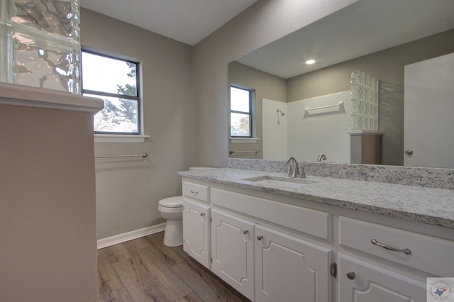 bathroom with wood-type flooring, toilet, a shower, and vanity