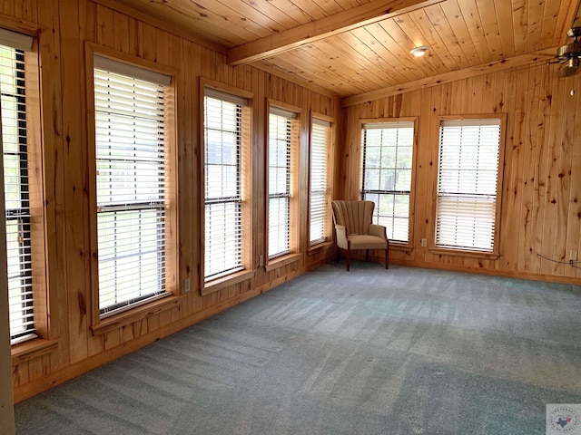 unfurnished room with carpet floors, vaulted ceiling with beams, wooden walls, and wooden ceiling