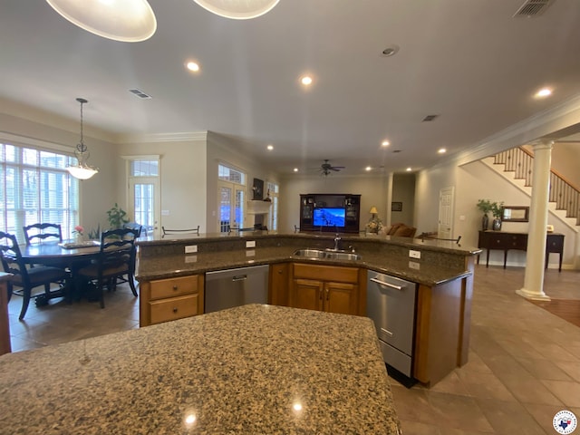 7 River Plantation, Texarkana, TX 75503 - kitchen with dishwasher, ornamental molding, open floor plan, a ceiling fan, and dark stone counters