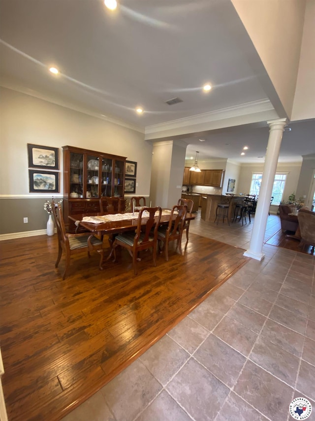 7 River Plantation, Texarkana, TX 75503 - dining area with ornamental molding, decorative columns, recessed lighting, and wood finished floors