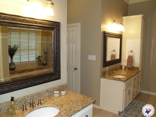 7 River Plantation, Texarkana, TX 75503 - bathroom with vanity, tile patterned floors, and ornamental molding