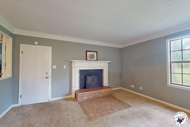 unfurnished living room featuring crown molding, a textured ceiling, and carpet flooring