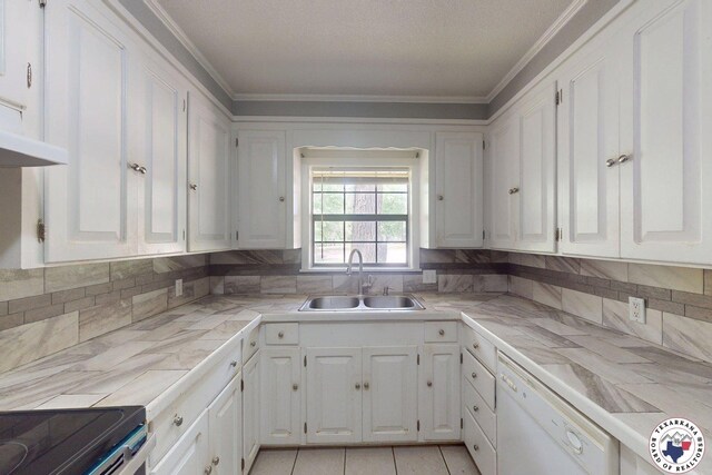 kitchen featuring a sink, white dishwasher, tasteful backsplash, and white cabinetry