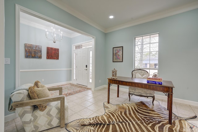 office space with baseboards, light tile patterned flooring, recessed lighting, ornamental molding, and a chandelier