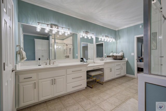 ensuite bathroom with vanity, a stall shower, crown molding, tile patterned floors, and connected bathroom