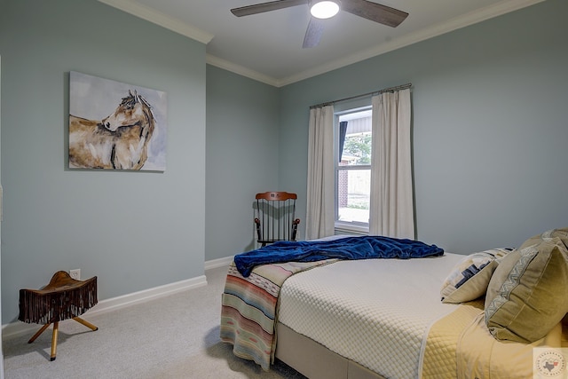 bedroom featuring baseboards, crown molding, carpet, and a ceiling fan