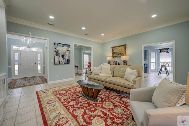 living area featuring visible vents, recessed lighting, crown molding, and baseboards