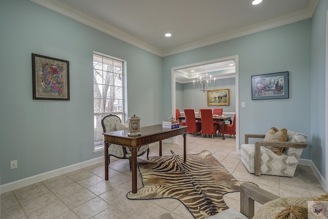 office area featuring light tile patterned floors, baseboards, recessed lighting, ornamental molding, and a chandelier