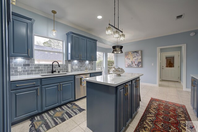 4 Whitney Cir, Texarkana, TX 75503 - kitchen with blue cabinets, a center island, stainless steel dishwasher, a sink, and visible vents