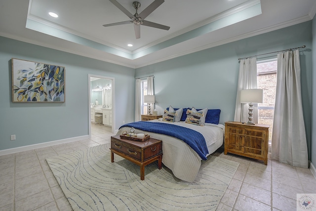 bedroom with ornamental molding, a tray ceiling, recessed lighting, tile patterned flooring, and baseboards