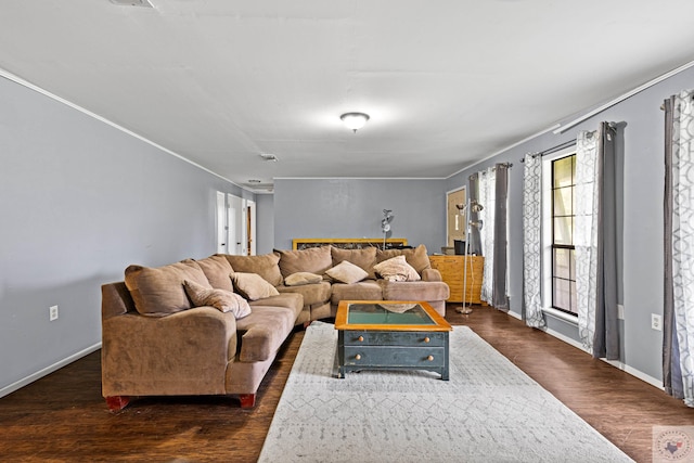 living room featuring ornamental molding and dark hardwood / wood-style flooring