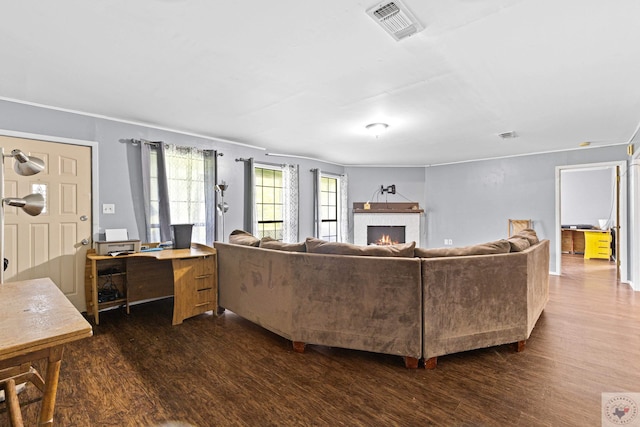 living room with dark hardwood / wood-style floors and a fireplace