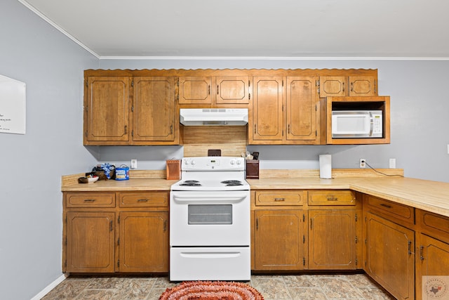 kitchen with ornamental molding and white appliances