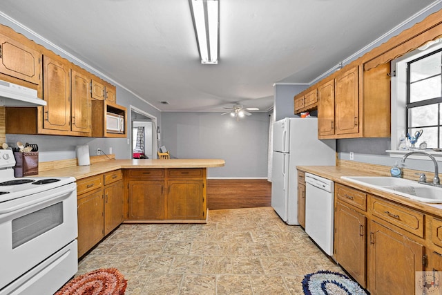 kitchen with ceiling fan, sink, white appliances, and kitchen peninsula