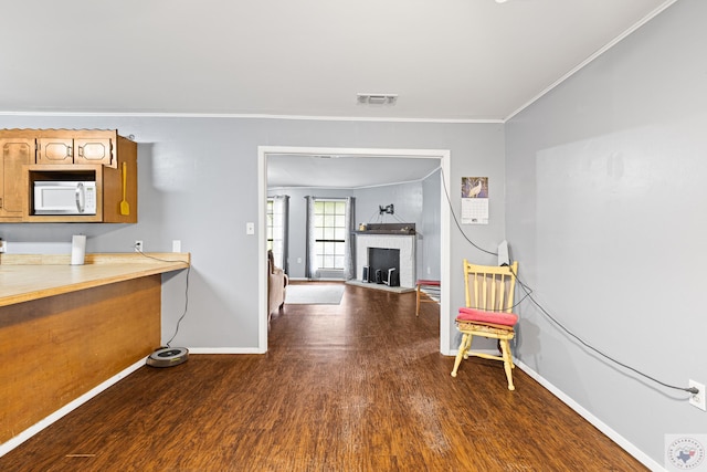 interior space featuring ornamental molding, dark hardwood / wood-style floors, and a fireplace