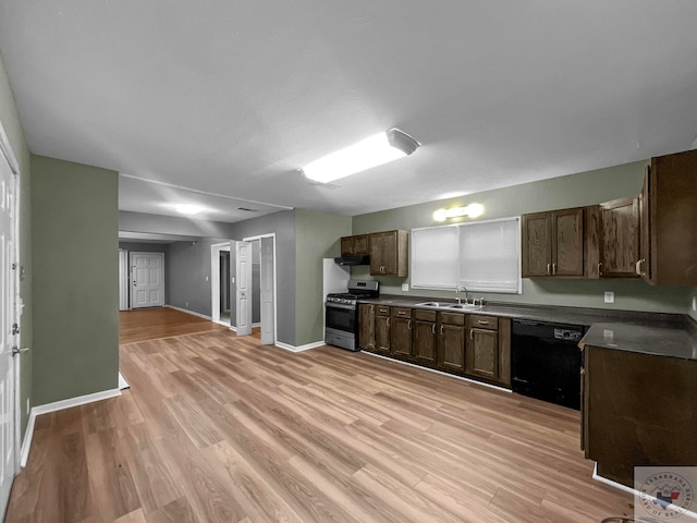 kitchen with black dishwasher, range hood, sink, light hardwood / wood-style flooring, and gas stove