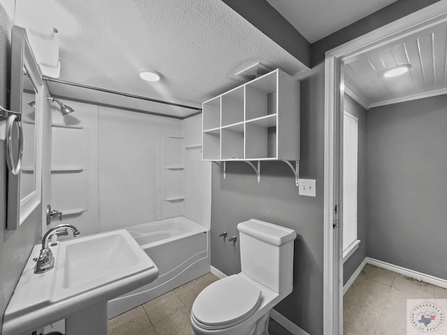 full bathroom featuring toilet, a textured ceiling, sink, ornamental molding, and  shower combination