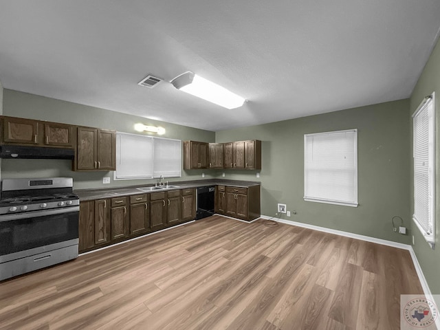 kitchen featuring sink, stainless steel gas range oven, light wood-type flooring, and dishwasher