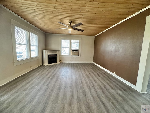 unfurnished living room featuring crown molding, wooden ceiling, light hardwood / wood-style floors, and ceiling fan