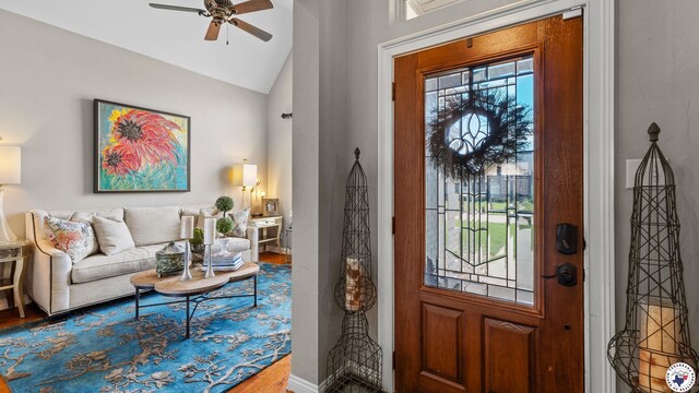 6914 Manor Crest Dr, Texarkana, AR 71854 - entryway with vaulted ceiling, ceiling fan, and wood finished floors
