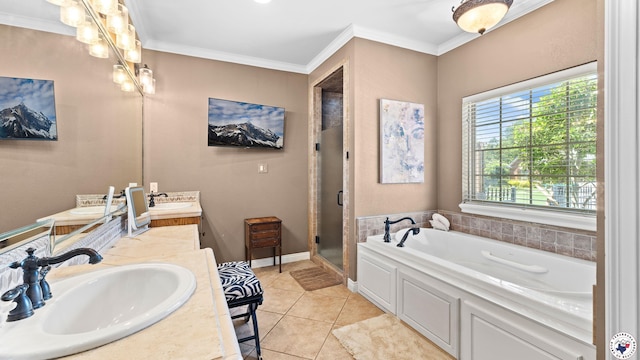 6914 Manor Crest Dr, Texarkana, AR 71854 - bathroom featuring double vanity, a garden tub, a stall shower, tile patterned flooring, and ornamental molding