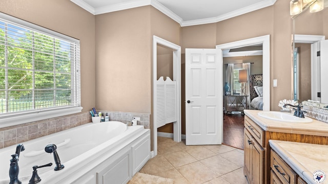 6914 Manor Crest Dr, Texarkana, AR 71854 - ensuite bathroom featuring a bath, tile patterned floors, crown molding, and vanity