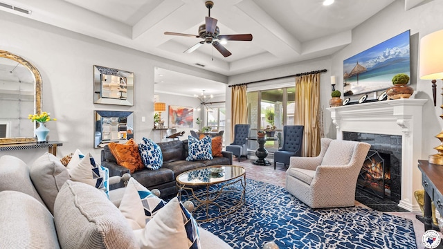 6914 Manor Crest Dr, Texarkana, AR 71854 - living room featuring a high end fireplace, a ceiling fan, coffered ceiling, beamed ceiling, and a chandelier
