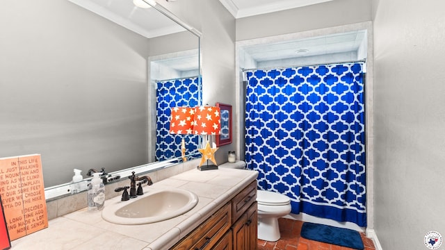 6914 Manor Crest Dr, Texarkana, AR 71854 - full bathroom with ornamental molding, vanity, toilet, baseboards, and brick patterned flooring