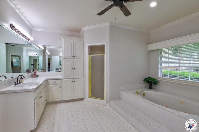 16 Bill Rogers Dr, Texarkana, TX 75503 - full bath featuring a shower stall, a ceiling fan, vanity, a jetted tub, and crown molding