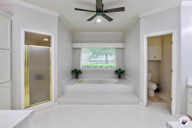 16 Bill Rogers Dr, Texarkana, TX 75503 - bathroom with toilet, a stall shower, a garden tub, crown molding, and tile patterned flooring