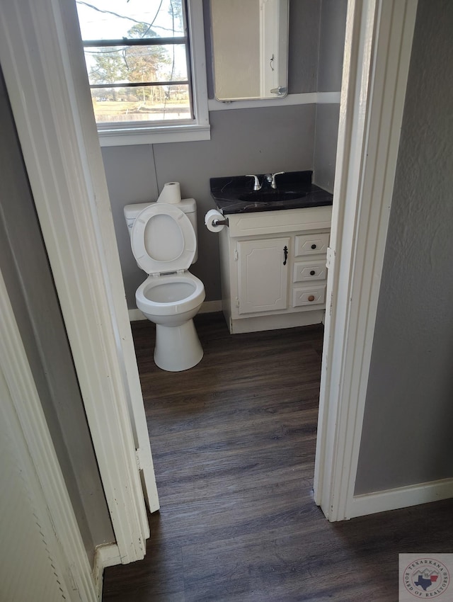 bathroom with vanity, toilet, and wood-type flooring