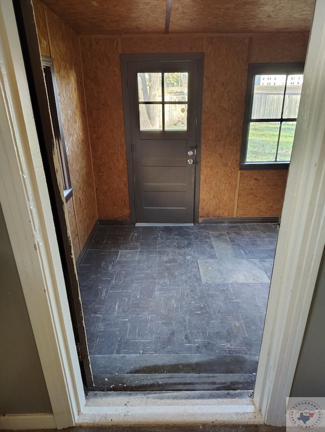 doorway to outside with wood walls and a wealth of natural light