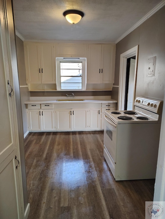 kitchen with sink, white range with electric stovetop, white cabinets, ornamental molding, and dark wood-type flooring