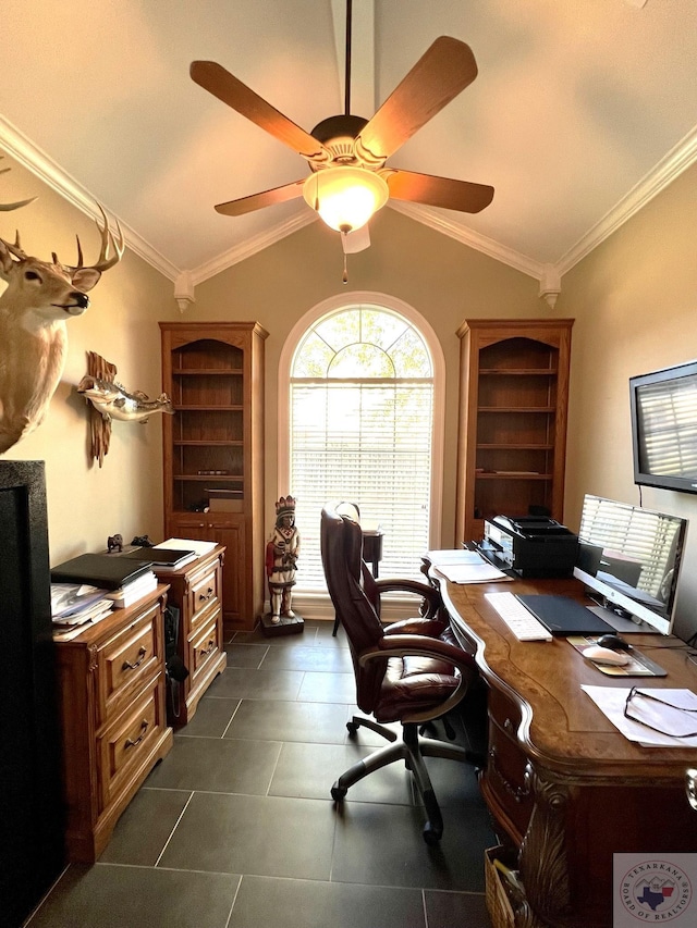 office space featuring ceiling fan, crown molding, and vaulted ceiling