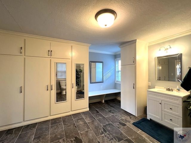 bathroom featuring a textured ceiling, vanity, and crown molding