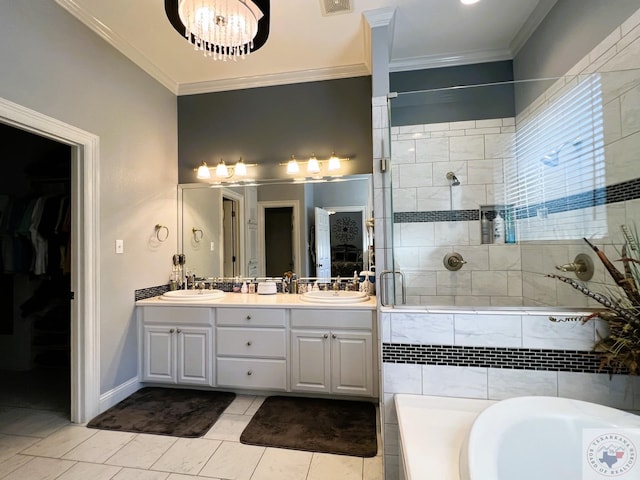 bathroom featuring independent shower and bath, vanity, crown molding, and tile patterned flooring