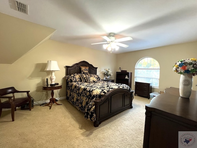 carpeted bedroom with ceiling fan