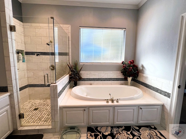 bathroom featuring shower with separate bathtub and crown molding