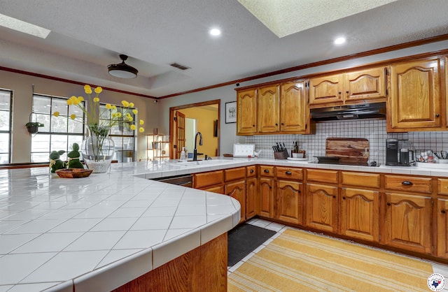3502 Tiffany Ln, Texarkana, AR 71854 - kitchen with a sink, under cabinet range hood, tile countertops, backsplash, and recessed lighting