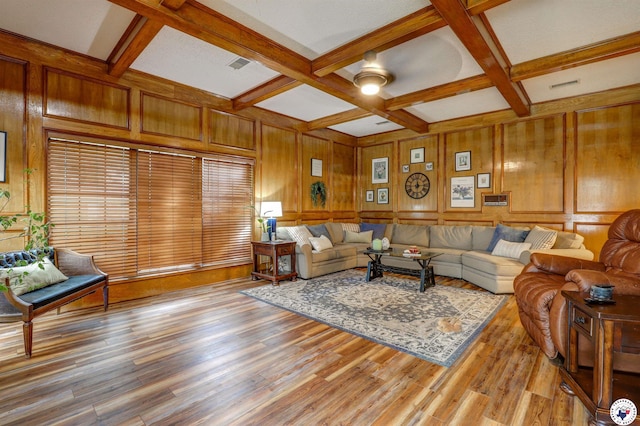 3502 Tiffany Ln, Texarkana, AR 71854 - living room with coffered ceiling, beam ceiling, light wood-type flooring, wooden walls, and a ceiling fan